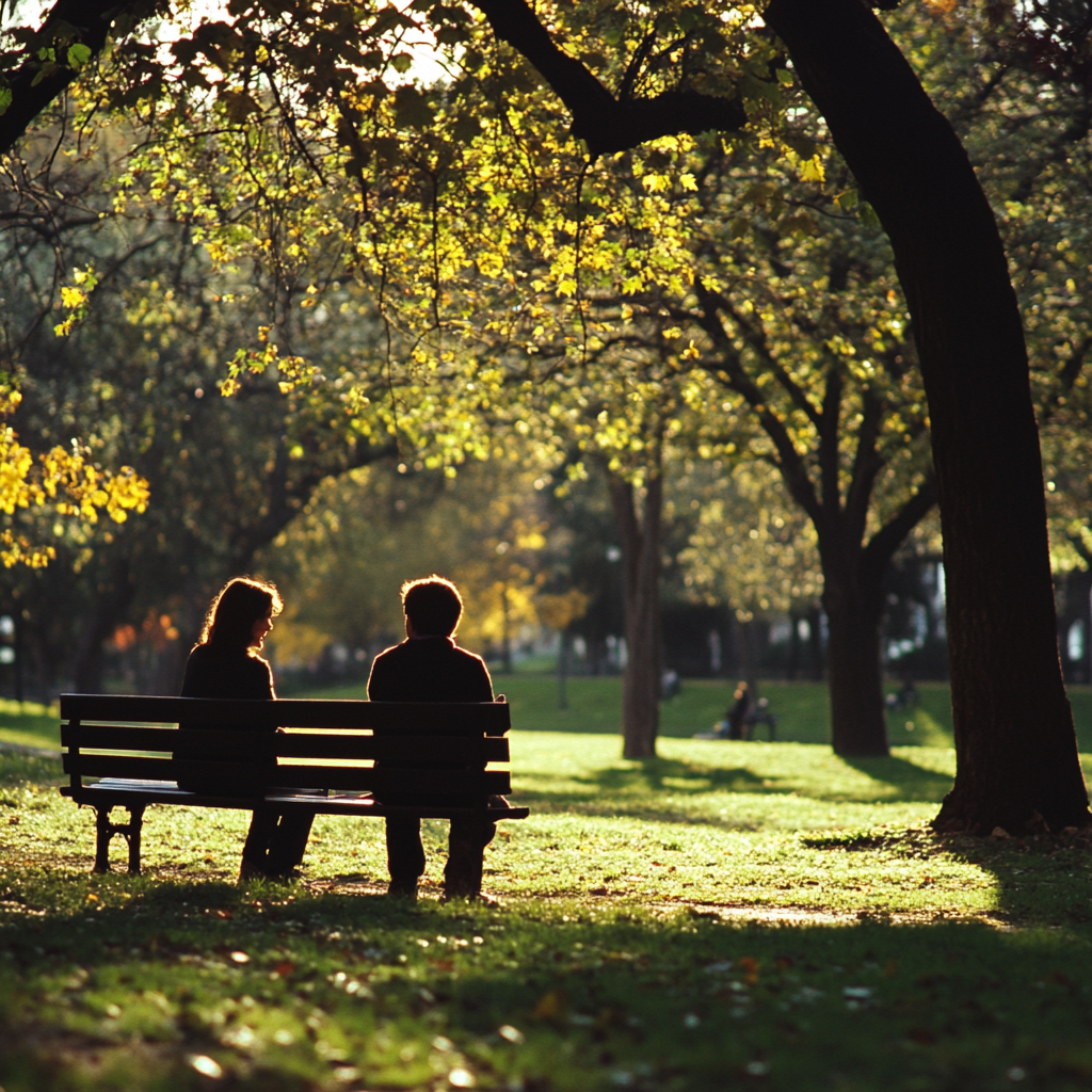 A park bench with two people sitting and conversing